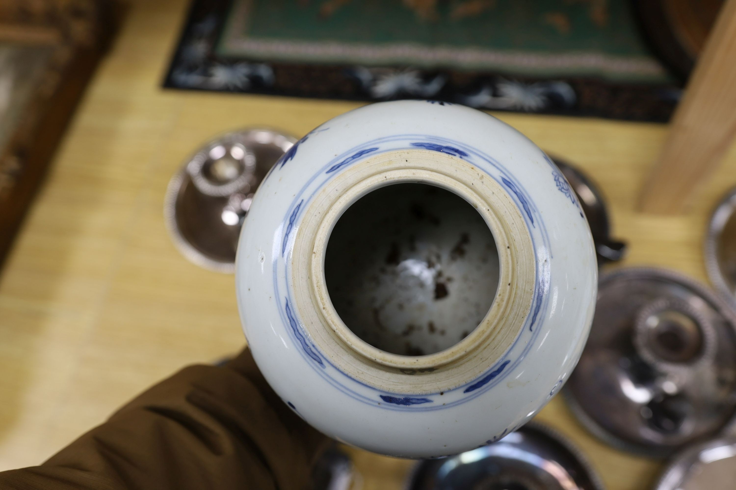 A Chinese blue and white 'boys' jar, 19th century, wood cover and stand, total height 24cm high